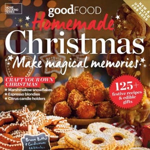 Puede incluir: Portada de la revista "Homemade Christmas" con recetas festivas y regalos comestibles. La imagen presenta varios productos horneados, incluyendo galletas y pasteles, con el texto "Make magical memories."