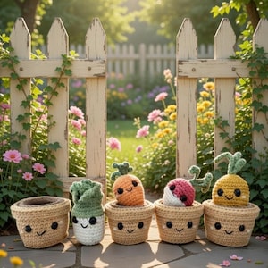 Puede incluir: Una fila de cinco juguetes de ganchillo con temática de verduras en macetas pequeñas con caras sonrientes. Las verduras incluyen una zanahoria, un rábano y un nabo. El fondo presenta una valla blanca y un jardín con flores.