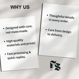 K&ouml;nnte beinhalten: Zwei wei&szlig;e rechteckige Karten mit dunklem Text. Die linke Karte zeigt WHY US, Designed with care, not mass-made, High-quality materials and prints, Fast processing & quick replies. Die rechte Karte zeigt Thoughtful details in every order, Care from design to delivery. Ein Logo mit den Buchstaben FS und dem Text FINE SUPPLY befindet sich unten.