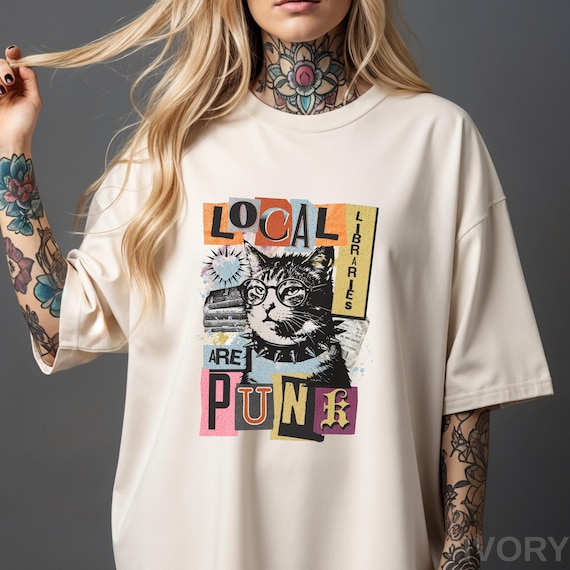 Support Your Local Library Punk Shirt, Library Punk Cat Book Tee, Goth Bookish Shirt, Comfort Colors, Librarian Gift, Reading Shirt