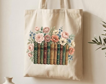 Bookish Tote Bag, Floral Books Design, Reading Tote Bag, Romantic Fabric Tote Bag, Library Tote Bag, Colorful Book Tote, Book Club Bag