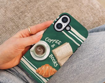 Kaffee und Bücher Handyhülle, Bookish MagSafe Tough Case, iPhone 17 16 15 14 Pro Air, Samsung Galaxy S26 S25 Pixel 10, Geschenk Kaffeeliebhaber