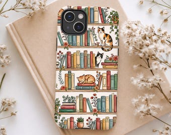 Katzen Bücherregal Handyhülle, Bookish Tough Case, iPhone 17 16 15 14 13 12 11 Pro Air, Samsung Galaxy S26 S25 Pixel, gemütliches Geschenk