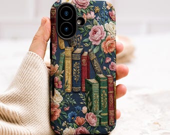 Stickerei Bücherregal Handyhülle, Bookish Floral Tough MagSafe, iPhone 17 16 15 14 13 12 11 Pro Air, Galaxy S26 S25 Pixel, Buchliebhaber Geschenk