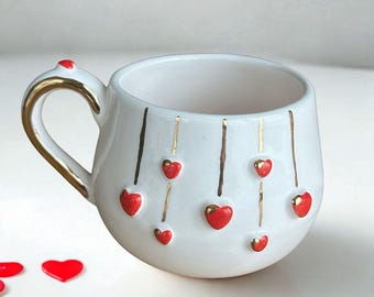 Handmade Heart Mug with Gold Details – 3D Red Hearts Ceramic Cup