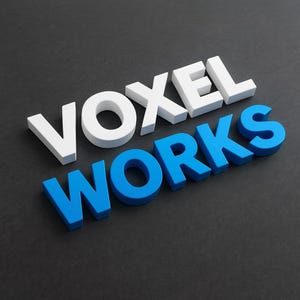 May include: The words "VOXEL WORKS" are displayed in 3D block letters. "VOXEL" is white, and "WORKS" is blue. The letters are arranged diagonally against a dark gray background.