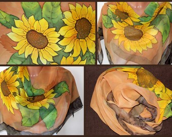 Original hand painted silk scarf "Sunflowers touch". Free shipping