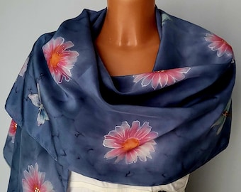 Original hand painted silk scarf "Blossoms in the rain". Free shipping