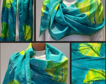 Original hand painted silk scarf "Leaves". Free sheeping