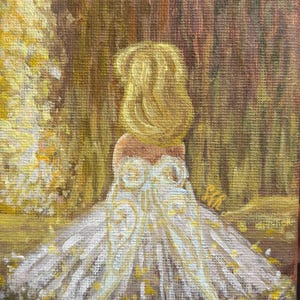 May include: Oil painting depicting a person in a white and gold dress, seen from behind. The dress features detailed gold patterns. The background shows a forest scene with warm, earthy colours and dappled sunlight.