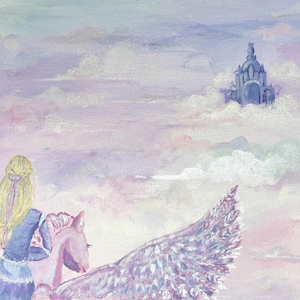 May include: An oil painting depicts a woman with blonde hair riding a pink pegasus through a cloudy sky. A blue castle sits in the distance. The artwork uses soft pastel colors, creating a dreamy, ethereal scene.