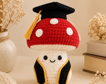 Crochet Mushroom Pattern PDF, Amigurumi Graduate Plush, Kawaii Grad Cap, Beginner Instant Download, Class of 2026 Cottagecore, Polka Dot DIY