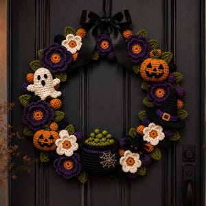 Pode incluir: Uma guirlanda de Halloween com elementos de crochê, incluindo um fantasma branco, abóboras laranjas, um chapéu de bruxa preto, um caldeirão preto com bolhas verdes, flores brancas e roxas, acentuada por um laço de cetim preto no topo.