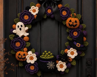 Crochet Halloween Wreath Pattern PDF, Ghost Pumpkin Door Decor, Witch Hat, Amigurumi Fall Daisy Flower , Cauldron Wall Hanging, Digital DIY
