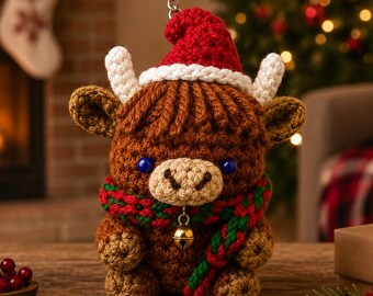 Christmas Highland Cow Crochet Pattern PDF, Highland Cow Keychain Amigurumi, Mini Cow Crochet Tutorial,Farm Animal Gift,Santa Ornament Decor