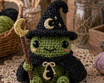 Maanheks gehaakte kikker pluche patroon, amigurumi-kikkerpop, schattig heksenkikkerspeelgoed, toverstaf halve maan, grillig decor, handgemaakte cadeau-pdf