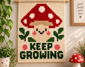 Mushroom Tapestry Crochet Pattern, Cottagecore Wall Hanging, Positive Motivational PDF, Digital Download, Botanical Home Decor