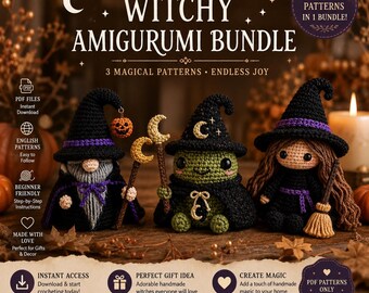 Witchy Crochet Pattern Bundle PDF, Halloween Gnome Frog Doll Amigurumi, Witch Doll Pattern, DIY Fall Decor, Instant Download,Whimsical Gnome