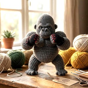 以下が含まれることがあります： グレーのかぎ針編みのゴリラが戦闘ポーズをとっており、拳には黒と赤のアクセントがあります。手作りの玩具は木製の表面にあり、さまざまな色の毛糸玉に囲まれています。「Knitted K.O.」と書かれたタグが付いています。