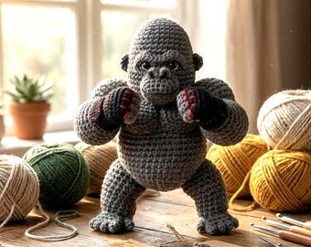 Low Sew Gorilla Boxer Amigurumi Haakpatroon PDF - Jungle Monkey met bokshandschoenen - MMA Fighter Plushie DIY - Digitaal haakpatroon