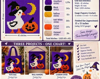 Halloween Goose Tapestry Crochet Pattern, Witch Goose Tote Bag, Pumpkin Wall Hanging & Cushion Cover, 45x45 Graph PDF Digital Download 15 in