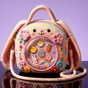 May include: A pink and rainbow crochet bunny-shaped handbag with a clear circular window. The window displays Easter-themed charms, including chicks, eggs, and a carrot. The bag has a top handle and a long shoulder strap.