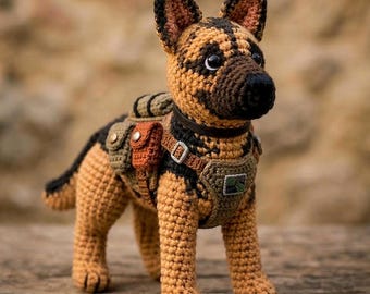 Doerak haakpatroon Duitse herder pdf, realistische puppy amigurumi-hond, tactisch gamerhondpatroon, K9-zelfstudie speelgoed, stadswacht wasbeer