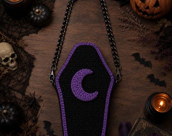 Haakpatroon Halloween-kisttas pdf, Gothic Moon crossbody-portemonnee, Witchy-schoudertas, spookachtig cadeau, pdf direct downloaden, wassende maan