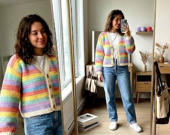 Boutique Style Crochet Baby Wear, Soft Textured Rainbow Cardigan, Pastel Handmade Sweater, Gender Neutral Jacket,Digital Pattern Knit Jacket