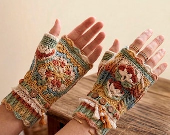 Boho haakpatroon vingerloze handschoenen, getextureerde bloemenwanten, polswarmers gezellig wintercadeau voor haar, hippiefestivalstijl, zachte wol