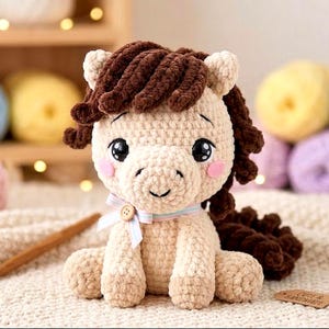 Low Sew Squishy Plush Horse Pony, Handmade Cute Farm Toy, Single Crochet Stuffed Animal, DIY Cartoon Style, Chenille Curly Mane Decor,