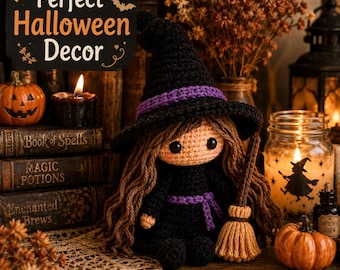 Gehaakte heksenpop patroon pdf, amigurumi-halloweendecor, leuk Witchy-cadeau, gemakkelijk gehaakte speelgoedtutorial, direct downloaden