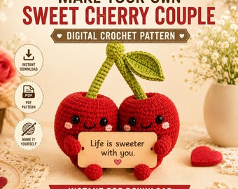 Positive Crochet Cherry Couple Pattern, Cute Fruit Amigurumi PDF, Car Hanging, Keychain Bag Charm, Beginner DIY, Cherry Lovers Decor Gift