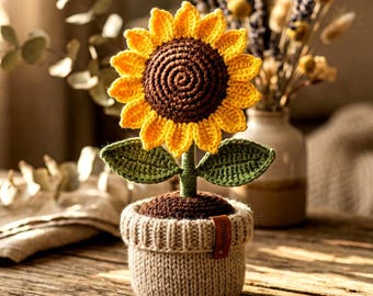 Patroon gehaakte zonnebloempot - amigurumi-ingemaakte bloem pdf-zelfstudie - bureaudecor en cadeau-idee - beginnersvriendelijke digitale download