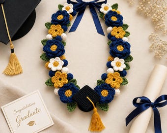 Gehaakt patroon afstuderen lei, bloemenketting, marine gouden bloemen aandenken, uniek cadeau-idee, stola foto prop, accessoires universiteit, pet bedel