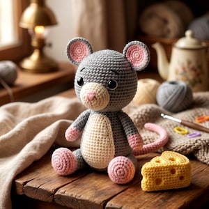 May include: A handmade crochet mouse toy with a grey body, pink ears, paws, and tail, and a cream-coloured belly. A yellow crochet cheese wedge sits beside the mouse on a wooden surface. The toy is approximately 15 cm tall.