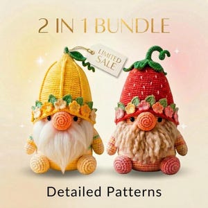 Pacote de padrões de crochê de gnomos de limão e morango em PDF, conjunto de padrões de gnomos de frutas em amigurumi, padrão de crochê de gnomo de primavera, boneca de gnomo faça você mesmo