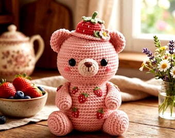 Aardbeienbeer haakpatroon amigurumi, kawaii gehaakt dierenpatroon, Cottagecore plushie-patroon pdf, roze teddybeer, digitale download