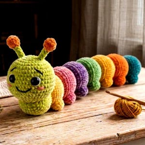 Könnte beinhalten: Ein mehrfarbiges, gehäkeltes Raupen-Stofftier mit einem lindgrünen Kopf, zwei orangefarbenen Fühlern und einem segmentierten Körper aus rosa, violetten, grünen, gelben, orangefarbenen und türkisfarbenen Abschnitten. Eine Holzhäkelnadel und gelbes Garn liegen daneben.