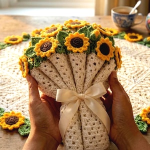 Virkmönster för filt med solrosbukett – Sunburst mormor fyrkantig rund filt PDF – Virkmönster för blommor – Babyfilt / Heminredning