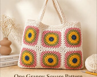 Patroon oma-vierkant pdf, gehaakt bloemblok, boho-draagtasontwerp, Afghaans motief voor beginners, dekenvierkant downloaden, herbruikbare markttas,