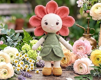 Moederdag haakpatroon, bloemenpop amigurumi cadeau voor moeder in bloei, handgemaakte aandenken bloemen pdf, uniek schattig zacht esthetisch ontwerp