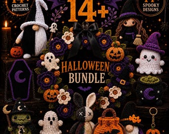 14+ Halloween Crochet Pattern Amigurumi PDF Bundle,Ghost Pumpkin, Witch Gnome, Bat Bunny, Spooky Fall Decor Ornaments, Candy Bags Collection