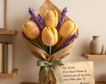 Lavendel tulp gehaakt boeket patroon pdf, amigurumi bloem tutorial, DIY bloemencadeau, geen naai handgemaakt decor, lente bruiloft bloemen