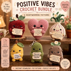 Pacote de padrões de crochê positivos, PDF de amigurumi, coração de apoio emocional, maçã, limão, cebola em conserva, batata, pelúcia de veludo para presente DIY, enfeites de mesa