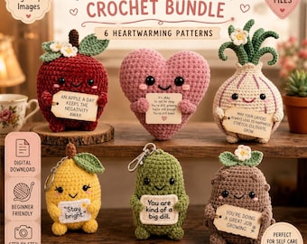 Positive Crochet Pattern Bundle, Amigurumi PDF, Emotional Support Heart, Apple, Lemon, Pickle Onion, Potato, Vevlet Plush DIY Gift,Desk Buds