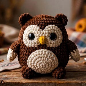 May include: A handmade, brown crochet owl with large, black eyes, a yellow beak, and cream-colored accents. The owl has a round body and is sitting on a wooden surface. The owl's wings and belly are cream-colored.