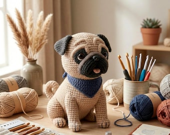 Gehaakte mopshond amigurumi patroon pdf, handgemaakte puppy knuffel tutorial, hond knuffeldier DIY, instant download