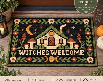 Witches Welcome Tapestry Crochet Doormat Pattern | Halloween Cottagecore Mat | Moonlit Mushroom Floral Entryway Decor | Digital PDF Download