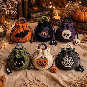 May include: Six small, round, crocheted drawstring bags featuring Halloween themes. Designs include an orange bag with a black bat, a black bag with a purple witch hat, a purple bag with a skull, a green bag with a black cat, a cream bag with a pumpkin, and a dark gray bag with a white spiderweb.